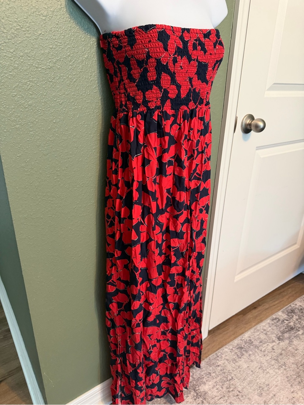 Strapless Red and Navy Floral Maxi Dress
